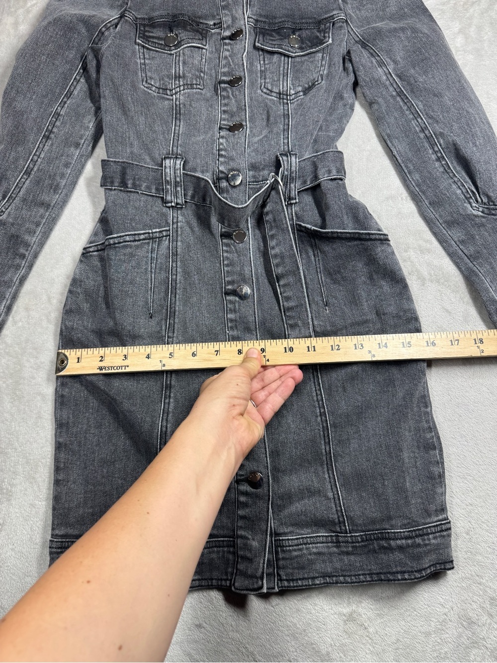 Bebe Puff Sleeves Faded Black Denim Jean Buttoned Belted Mini Dress Size 2 - Picture 10 of 16